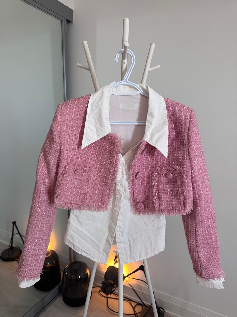 Pink Tweed Cropped Jacket – Size S (White Shirt Included)